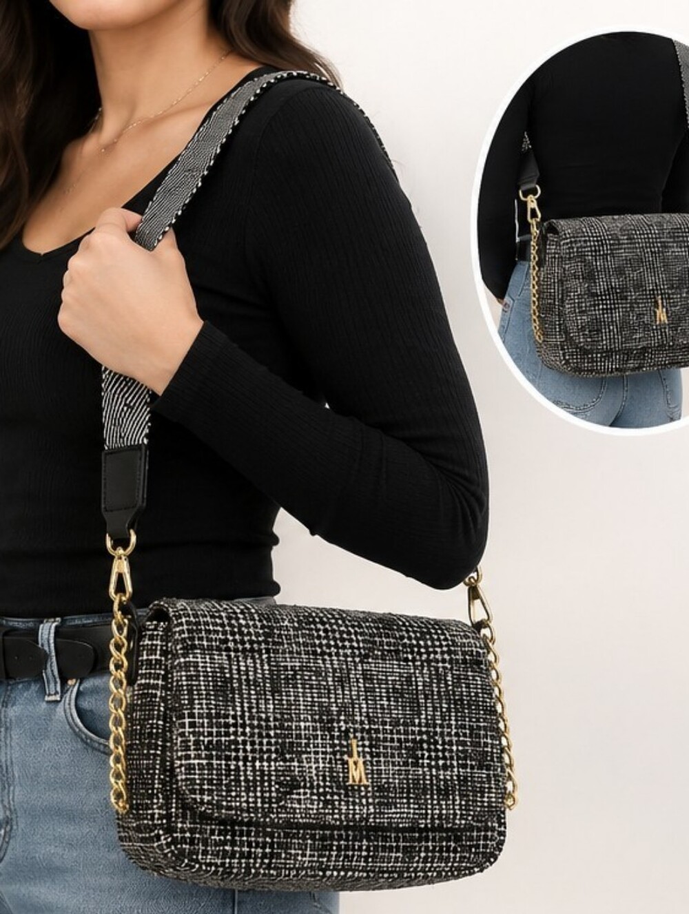 Isaac Mizrahi Black Tweed Crossbody Bag with Gold Chain Hardware